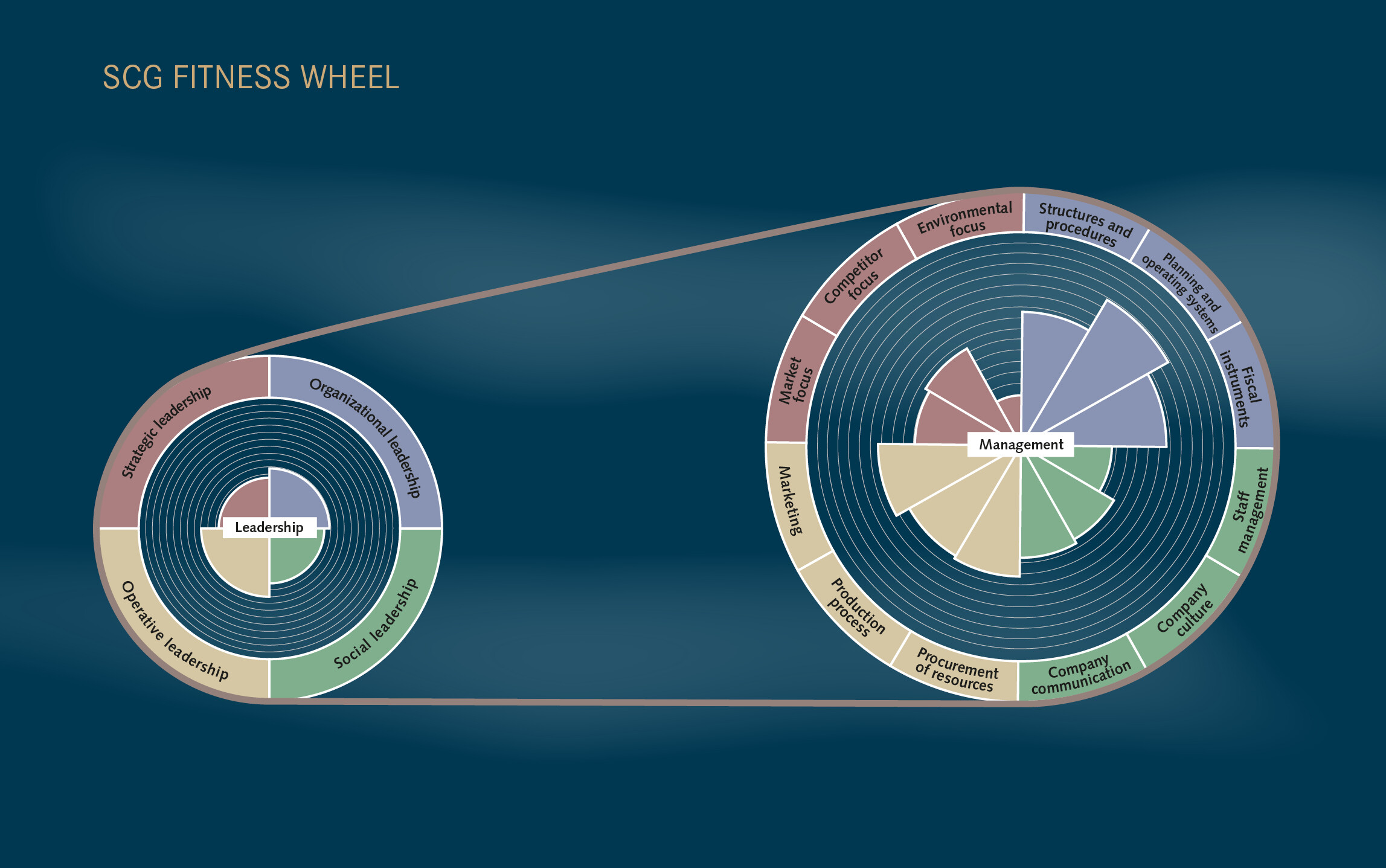 The SCG fitness wheel symbolizes holistic management consulting, in which strategic, structural and cultural aspects of a company are continuously developed to ensure long-term success and sustainability.