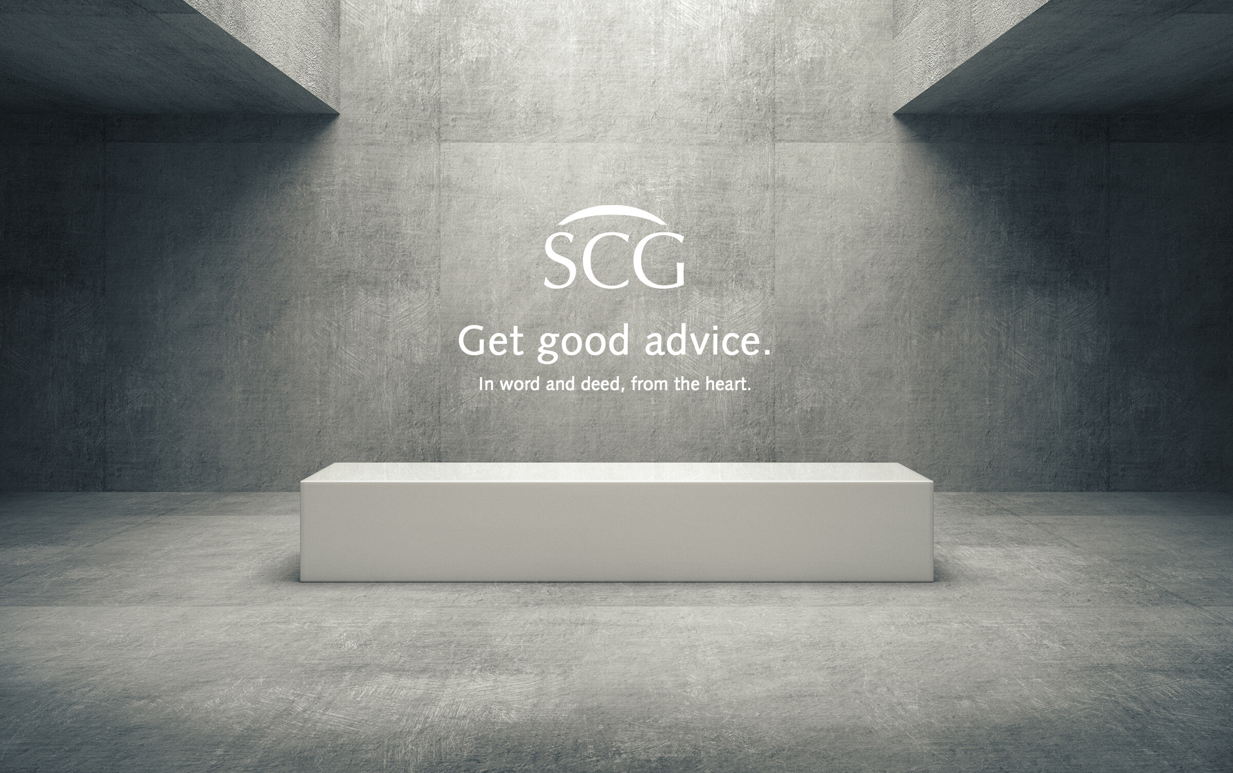 SCG logo and slogan 'Gut beraten sein. With advice, action and heart' on a minimalist, grey background symbolizes the professional consulting service.